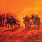 Traditional Punjabi folk art painting titled Chall Mele Nu Chaliye depicting bullock carts traveling towards a fair against a warm golden sunset.