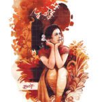 Watercolor painting titled Dil-E-Nadan featuring a young woman in traditional Indian attire seated thoughtfully amidst warm autumnal florals.