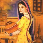 Traditional Punjabi folk painting titled Ek Kudi featuring a young woman in yellow suit holding a mud pot.