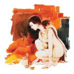 Festival of Lights Diwali painting showing an Indian woman in a traditional saree crouching to light oil diyas against a warm orange watercolor background.