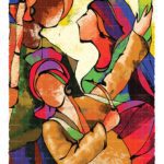 Vibrant abstract acrylic painting depicting Punjabi folk dancers celebrating village festivals with traditional instruments like a tambourine and dholak.