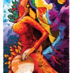 Vibrant abstract acrylic painting of Punjabi women performing the Giddha folk dance in colorful traditional attire with a dholak drum.
