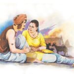 Heer Ranjha Punjabi folk artwork showing traditional lovers in a rural village setting.