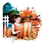 Original fine art painting titled Her Calmness and Benevolence featuring a woman seated peacefully surrounded by vibrant botanical flowers and abstract watercolor textures.