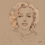 Marilyn Monroe portrait sketch titled "I Wanna Be Loved By You" featuring detailed line art, soft blonde hair, and a warm tone background.