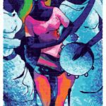 Jago wali Raat Punjabi culture artwork featuring women in traditional attire with a dafli drum under a crescent moon night.