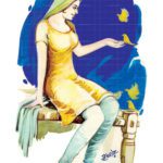 Jind Mahi - Traditional Punjabi cultural painting depicting a woman in a yellow suit sitting on a woven charpai with yellow birds.