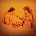 Laila Majnu Punjabi folk painting depicting two lovers sharing a gentle moment over a traditional chess game.