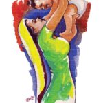 Like Mother Like Son-Dear Mama painting showing a mother in a green attire lifting her baby high against a vibrant red and blue backdrop.