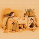 Cultural Punjabi art painting titled Maa De Hathan Diyan Rotiyan showing a mother making rotis on a chulha stove for her young child.