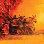 Mera Pind Mera Des - Mera Punjab acrylic painting showing a farmer riding a bullock cart near a tree bathed in warm orange sunset light.