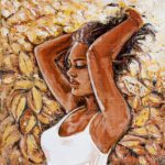 Impasto texture oil painting of a woman lying among golden leaves titled Painting Of A Beautiful Girl