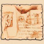 Punjabi Literature Folk Painting depicting a veiled Punjabi woman looking out a window near rural mud houses with handwritten Gurmukhi poetry on parchment.