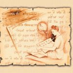Traditional Punjabi Maa Boli folk artwork depicting a figure writing Gurmukhi script on parchment paper.