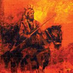 Punjabi Singh Soorma Sikh art oil painting featuring a brave Sikh warrior riding a horse with a spear against a fiery orange background.