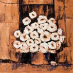 Original impasto acrylic painting titled Queen Victoria White Flowers featuring textured white floral blooms on a rustic terracotta background.