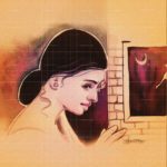 Expressive portrait painting titled Raat Chaanani featuring a woman in profile gazing past a brick wall out toward a crescent moon night sky.