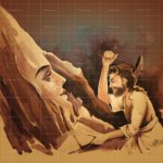 Sassui Punhun inspired Siri Farhad Panjabi painting depicting Farhad carving the serene face of his beloved Shirin directly into a rugged brown mountain rock using a hammer and chisel.