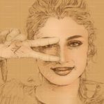 Monochrome sketch artwork titled "The Beautiful Portrait" featuring a smiling woman posing with a peace sign over her right eye on a warm sepia tone canvas.