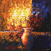 Original impasto acrylic floral painting titled "The Brighter Side" featuring vibrant yellow and red flowers in a light-drenched terracotta vase against a split dark blue and orange background.