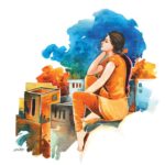 The Eternal Faith – Devotional art watercolor painting of a thoughtful woman in traditional attire resting on a rooftop against a vibrant blue sky.