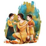 A watercolor painting titled "The Family - Punjabi Village Painting" featuring a Punjabi mother in yellow traditional dress crouching with her young daughter and son against an artistic background.