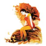 Original modern painting titled "The Fortune Birds - Art for life" featuring a thoughtful woman seated on a rock surrounded by golden birds.