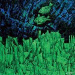 Original textured sea painting titled The Fortune Fishes featuring two green fish swimming above vibrant underwater structures in shades of emerald green, royal blue, and deep black.
