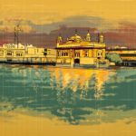 Panoramic painting of the Golden Temple (Sri Harmandir Sahib) in Amritsar reflecting on the sacred Sarovar water at sunset, original Sikh artwork for sale.