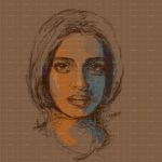 The Inner Glow - Rhythmic Art portrait painting featuring warm orange and cool blue light shadows on a woman's face
