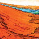 Abstract nature painting titled "The Lake Beneath Sky" featuring textured vibrant orange rock formations with a thin ribbon of blue water and sky at the horizon.