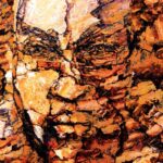 Spiritual portrait painting titled The Pious Land featuring an expressive face embedded in textured warm orange, earthy brown, and ochre palette knife impasto strokes.