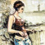 Impressionist acrylic painting titled The Song of Sunday depicting a woman leaning on a stone balcony outdoors.