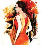 Original watercolor painting titled "The Waiting" depicting a thoughtful woman looking over her shoulder in a vibrant red dress and golden scarf.