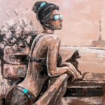The painting of an Angel - textured fine art painting of a woman in sunglasses looking out over a coastal balcony with a black cat.