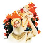 Watercolor painting Through the ages-Like grandfather Like Grandson depicting an elderly Sikh grandfather holding his young grandson up in the air against a colorful background.