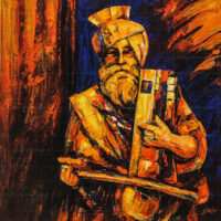 Ucha Dar Babe Nanak Da Punjabi Folk Painting depicting a turbaned musician playing a traditional string instrument with rich orange and blue tones.