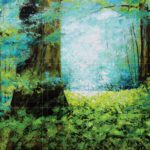 Amazon Morning forest acrylic painting featuring soft morning light filtering through lush green trees and vibrant foliage.