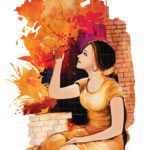 Chiryaan Da Chamba Punjabi painting depicting a young woman in yellow traditional attire gazing at a bird perching on her hand.