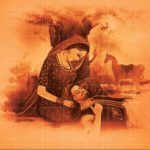 Traditional sepia-toned Punjabi painting of Mirza Sahiba depicting Mirza resting his head in Sahiba's lap under a tree.