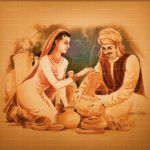 Sohni Mahiwal Punjabi folk art painting depicting a woman and man with traditional terracotta pottery in earthy tones.