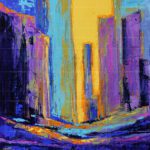 Abstract landscape painting of the Grand Canyon titled Beautiful Dawn featuring vibrant purple, turquoise, yellow, and orange oil colors.