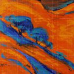 Abstract Grand Canyon landscape painting with vibrant orange rock formations and blue trees