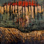 Behind The Glitters - Fortune abstract original palette knife painting featuring gold, crimson red, and textured dark green impasto acrylic layers.