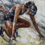 Conquest to attain inspirational artwork depicting a female runner in a crouched starting stance on the track, textured oil painting style.