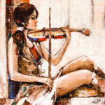 Impressionist acrylic painting titled Deep Reflection featuring a woman seated side-profile playing the violin in warm earth tones.