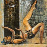 Acrylic textured figure painting titled Disordered Arrangement - The Art of Loving featuring a reclined woman posing beneath a crescent moon.
