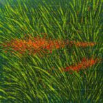 Original floral oil painting titled "Dancing to the Winds" featuring vibrant orange-red flower petals swirling through textured green grass.