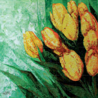 Original floral oil painting titled Dancing with Daffodil Flowers featuring textured yellow daffodils on a vibrant green textured background.