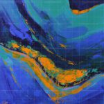 Abstract landscape painting titled Fascinating Night Grand Canyon featuring deep blue, teal, and vibrant orange palette knife textures.